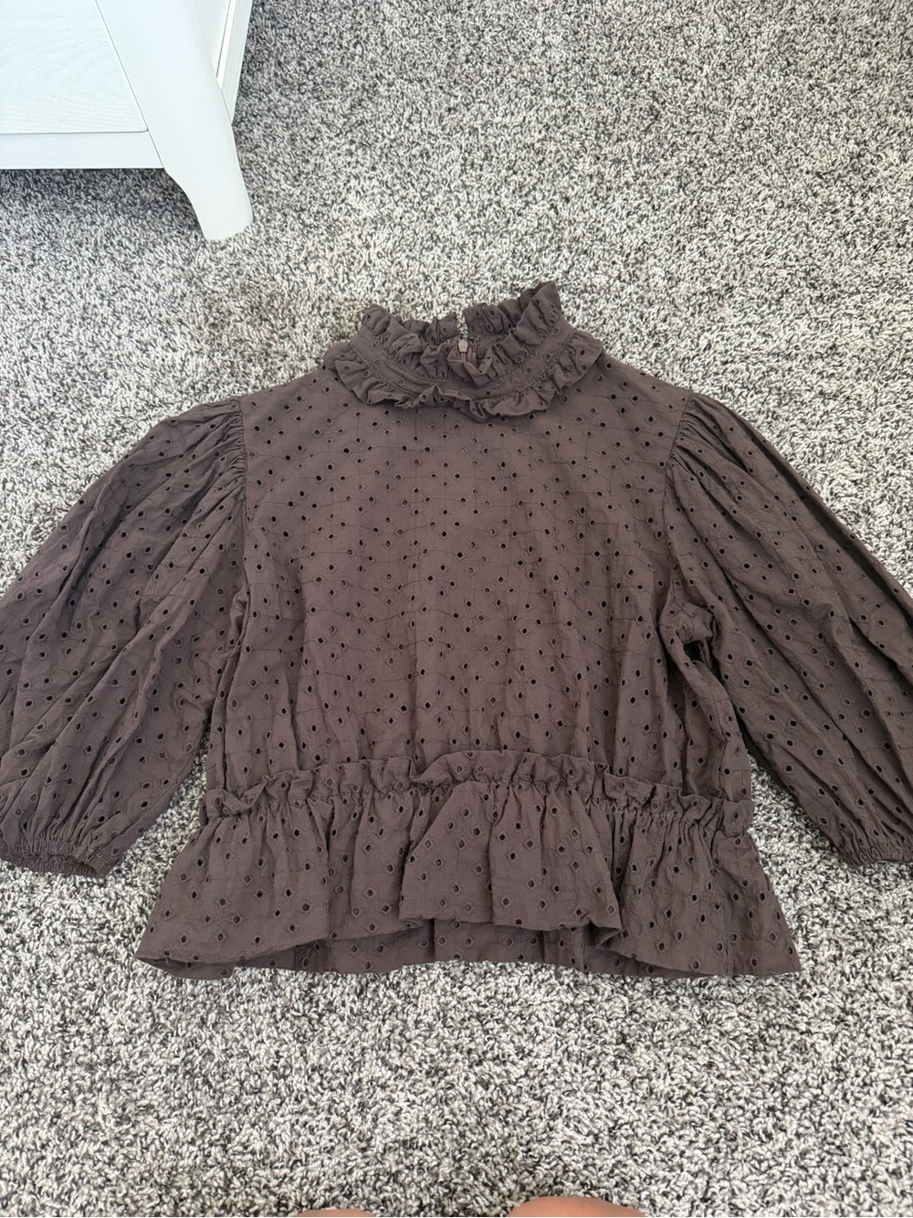 Olivaceous Brown Ruffled Eyelet Peplum Blouse